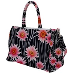 Botanical Black Pink Flowers Pattern Duffel Travel Bag by GardenOfOphir