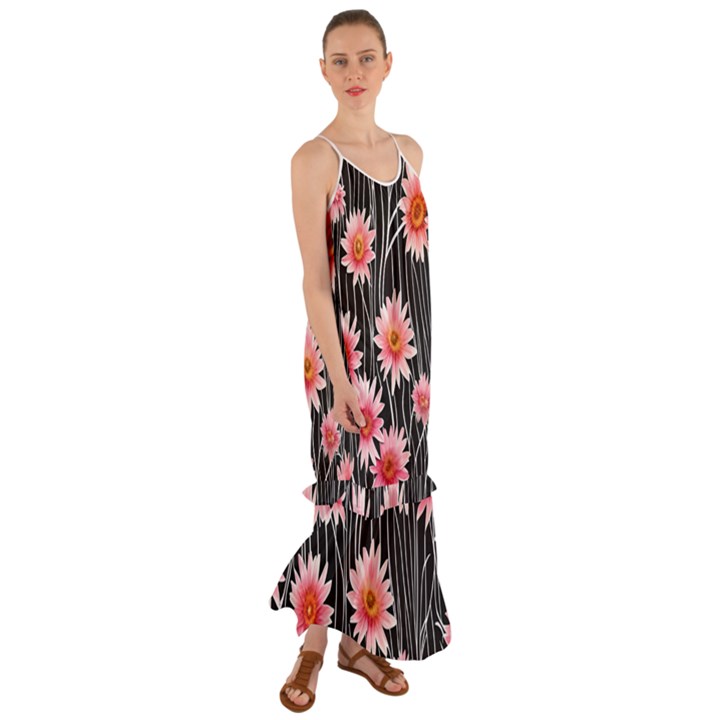 Botanical Black Pink Flowers Pattern Cami Maxi Ruffle Chiffon Dress