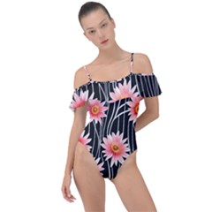 Botanical Black Pink Flowers Pattern Frill Detail One Piece Swimsuit by GardenOfOphir