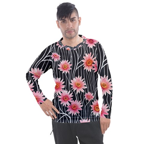 Botanical Black Pink Flowers Pattern Men s Pique Long Sleeve Tee by GardenOfOphir