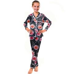 Botanical Black Pink Flowers Pattern Kid s Satin Long Sleeve Pajamas Set by GardenOfOphir