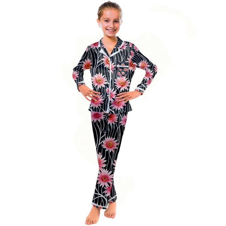 Botanical Black Pink Flowers Pattern Kid s Satin Long Sleeve Pajamas Set