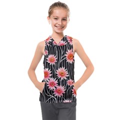 Botanical Black Pink Flowers Pattern Kids  Sleeveless Hoodie by GardenOfOphir