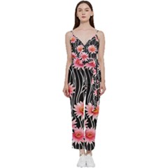 Botanical Black Pink Flowers Pattern V-neck Spaghetti Strap Tie Front Jumpsuit