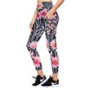 Botanical Black Pink Flowers Pattern Pocket Leggings  View3