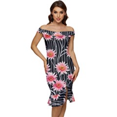 Botanical Black Pink Flowers Pattern Off Shoulder Ruffle Split Hem Bodycon Dress