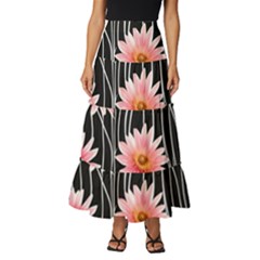 Botanical Black Pink Flowers Pattern Tiered Ruffle Maxi Skirt