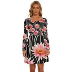 Botanical Black Pink Flowers Pattern Long Sleeve Wide Neck Velvet Dress