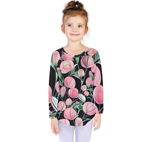 Boho Watercolor Botanical Flowers Kids  Long Sleeve Tee by GardenOfOphir