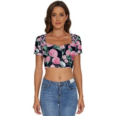 Boho Watercolor Botanical Flowers Short Sleeve Square Neckline Crop Top 