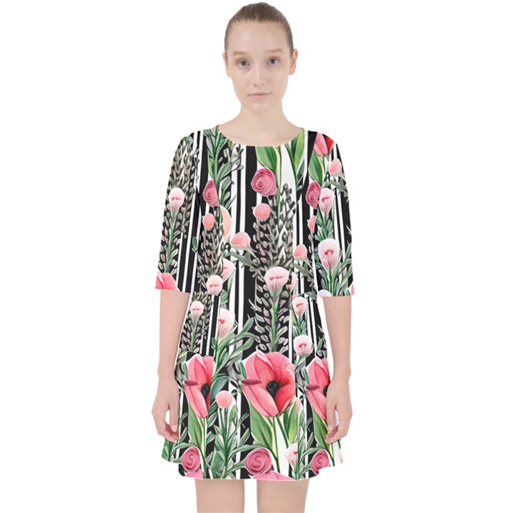 Tropical Paradise - Watercolor Botanical Flowers Quarter Sleeve Pocket Dress