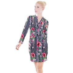 Tropical Paradise - Watercolor Botanical Flowers Button Long Sleeve Dress by GardenOfOphir