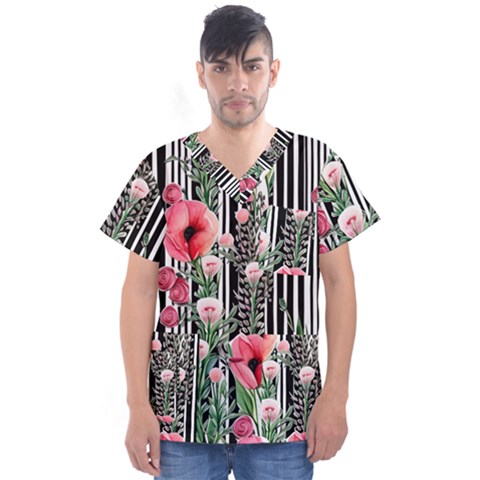 Tropical Paradise - Watercolor Botanical Flowers Men s V-neck Scrub Top by GardenOfOphir