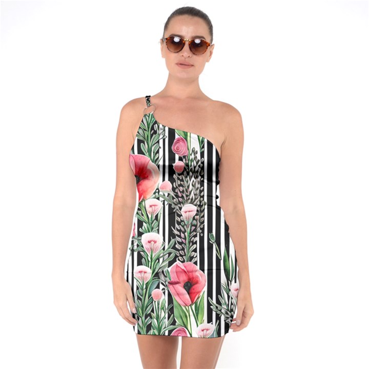 Tropical Paradise - Watercolor Botanical Flowers One Soulder Bodycon Dress