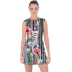 Tropical Paradise - Watercolor Botanical Flowers Lace Up Front Bodycon Dress by GardenOfOphir