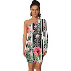 Tropical Paradise - Watercolor Botanical Flowers Long Sleeve One Shoulder Mini Dress