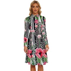 Tropical Paradise - Watercolor Botanical Flowers Long Sleeve Shirt Collar A-line Dress