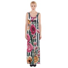 Flora Watercolor Botanical Flowers Thigh Split Maxi Dress by GardenOfOphir