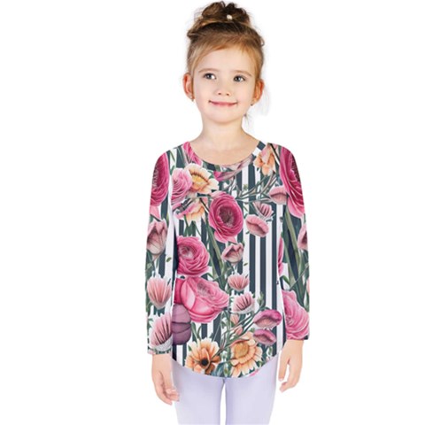 Flora Watercolor Botanical Flowers Kids  Long Sleeve Tee by GardenOfOphir