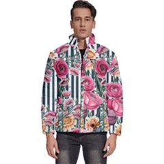 Flora Watercolor Botanical Flowers Men s Puffer Bubble Jacket Coat by GardenOfOphir