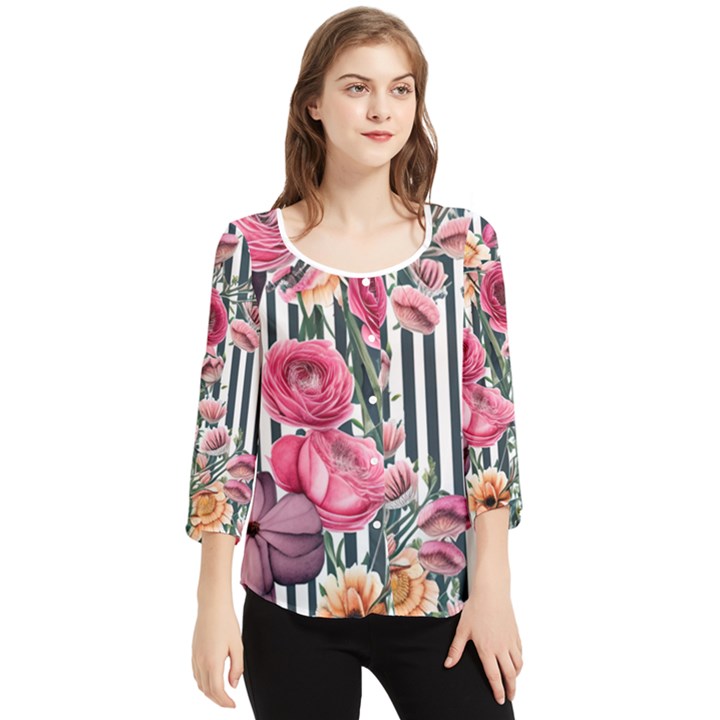 Flora Watercolor Botanical Flowers Chiffon Quarter Sleeve Blouse