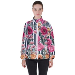 Flora Watercolor Botanical Flowers Women s High Neck Windbreaker by GardenOfOphir