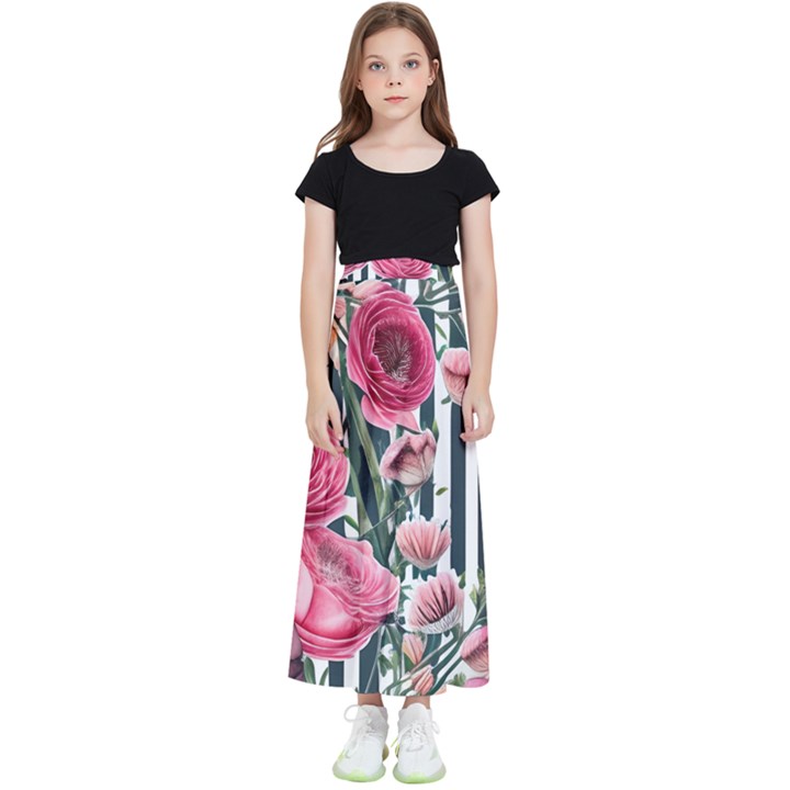 Flora Watercolor Botanical Flowers Kids  Flared Maxi Skirt