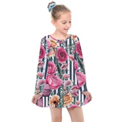 Flora Watercolor Botanical Flowers Kids  Long Sleeve Dress by GardenOfOphir