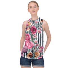 Flora Watercolor Botanical Flowers High Neck Satin Top by GardenOfOphir