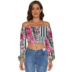 Flora Watercolor Botanical Flowers Long Sleeve Crinkled Weave Crop Top