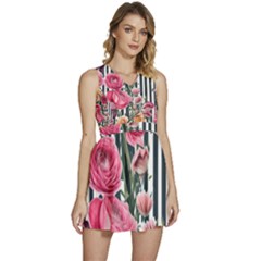 Flora Watercolor Botanical Flowers Sleeveless High Waist Mini Dress