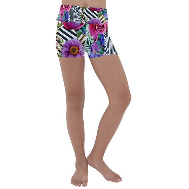 Bountiful Watercolor Flowers Kids  Lightweight Velour Yoga Shorts