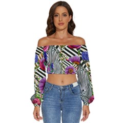 Bountiful Watercolor Flowers Long Sleeve Crinkled Weave Crop Top