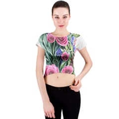 Attention-getting Watercolor Flowers Crew Neck Crop Top by GardenOfOphir