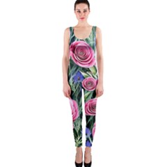 Attention-getting Watercolor Flowers One Piece Catsuit by GardenOfOphir