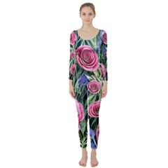 Attention-getting Watercolor Flowers Long Sleeve Catsuit by GardenOfOphir