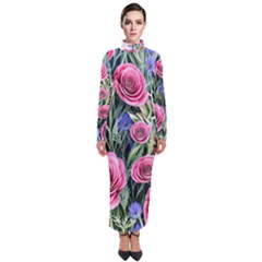 Attention-getting Watercolor Flowers Turtleneck Maxi Dress by GardenOfOphir