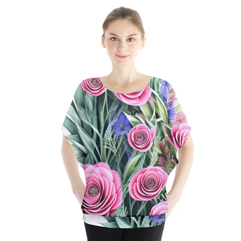 Attention-getting Watercolor Flowers Batwing Chiffon Blouse by GardenOfOphir