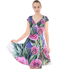 Attention-getting Watercolor Flowers Cap Sleeve Front Wrap Midi Dress by GardenOfOphir