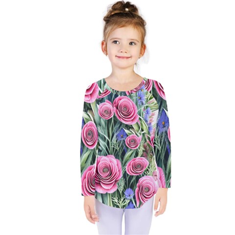 Attention-getting Watercolor Flowers Kids  Long Sleeve Tee by GardenOfOphir