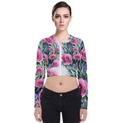 Attention-getting Watercolor Flowers Long Sleeve Zip Up Bomber Jacket by GardenOfOphir