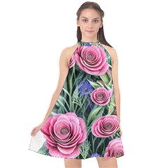 Attention-getting Watercolor Flowers Halter Neckline Chiffon Dress  by GardenOfOphir