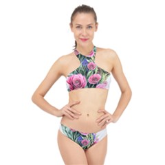 Attention-getting Watercolor Flowers High Neck Bikini Set by GardenOfOphir