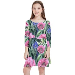 Attention-getting Watercolor Flowers Kids  Quarter Sleeve Skater Dress by GardenOfOphir