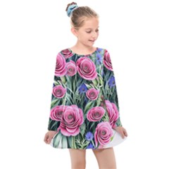 Attention-getting Watercolor Flowers Kids  Long Sleeve Dress by GardenOfOphir