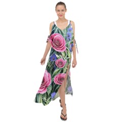 Attention-getting Watercolor Flowers Maxi Chiffon Cover Up Dress by GardenOfOphir