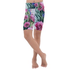 Attention-getting Watercolor Flowers Kids  Lightweight Velour Cropped Yoga Leggings by GardenOfOphir