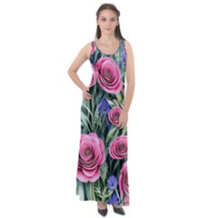 Attention-getting Watercolor Flowers Sleeveless Velour Maxi Dress by GardenOfOphir