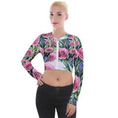 Attention-getting Watercolor Flowers Long Sleeve Cropped Velvet Jacket by GardenOfOphir