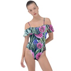 Attention-getting Watercolor Flowers Frill Detail One Piece Swimsuit by GardenOfOphir